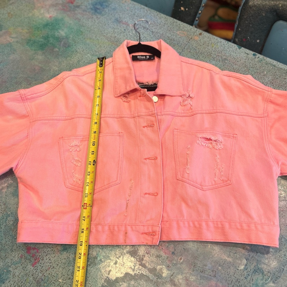 Pink Diamond Fringe Distressed Denim Jacket - Picture 13 of 16